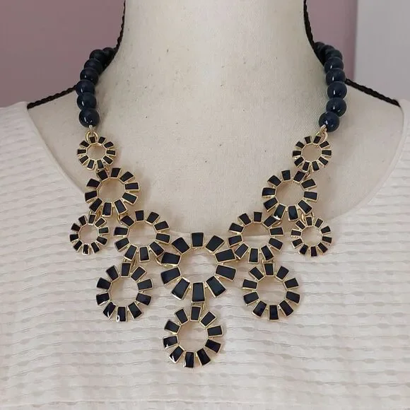 Talbots Gold Tone and Navy Blue Enameled Sunburst and Beads Statement Necklace - Picture 1 of 6